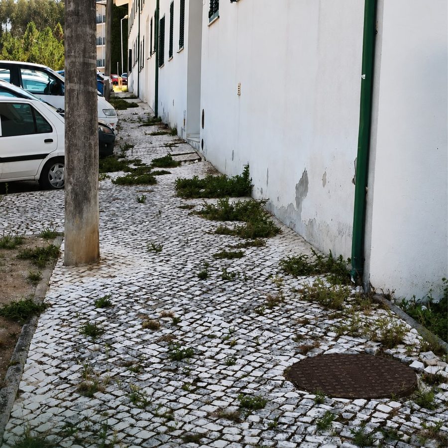 Antes: passeio de calçada com ervas a crescer entre as pedras, junto a um prédio branco